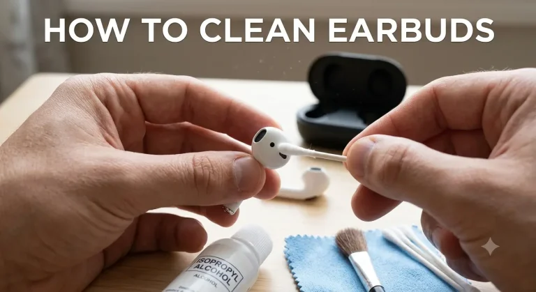 How To Clean Earbuds 16 A close-up view of hands using a cotton swab to clean a white wireless earbud over a wooden table, surrounded by cleaning supplies including isopropyl alcohol, a microfiber cloth, and a small brush, with bold text reading "HOW TO CLEAN EARBUD