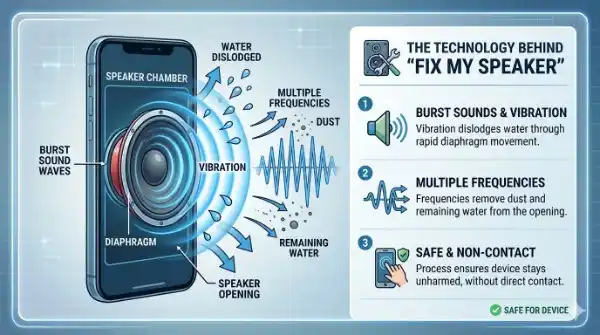 An infographic explaining how 'Fix My Speaker' technology works, showing a smartphone emitting blue sonic waves and vibrations to eject water droplets and dust from the speaker diaphragm without physical contact.