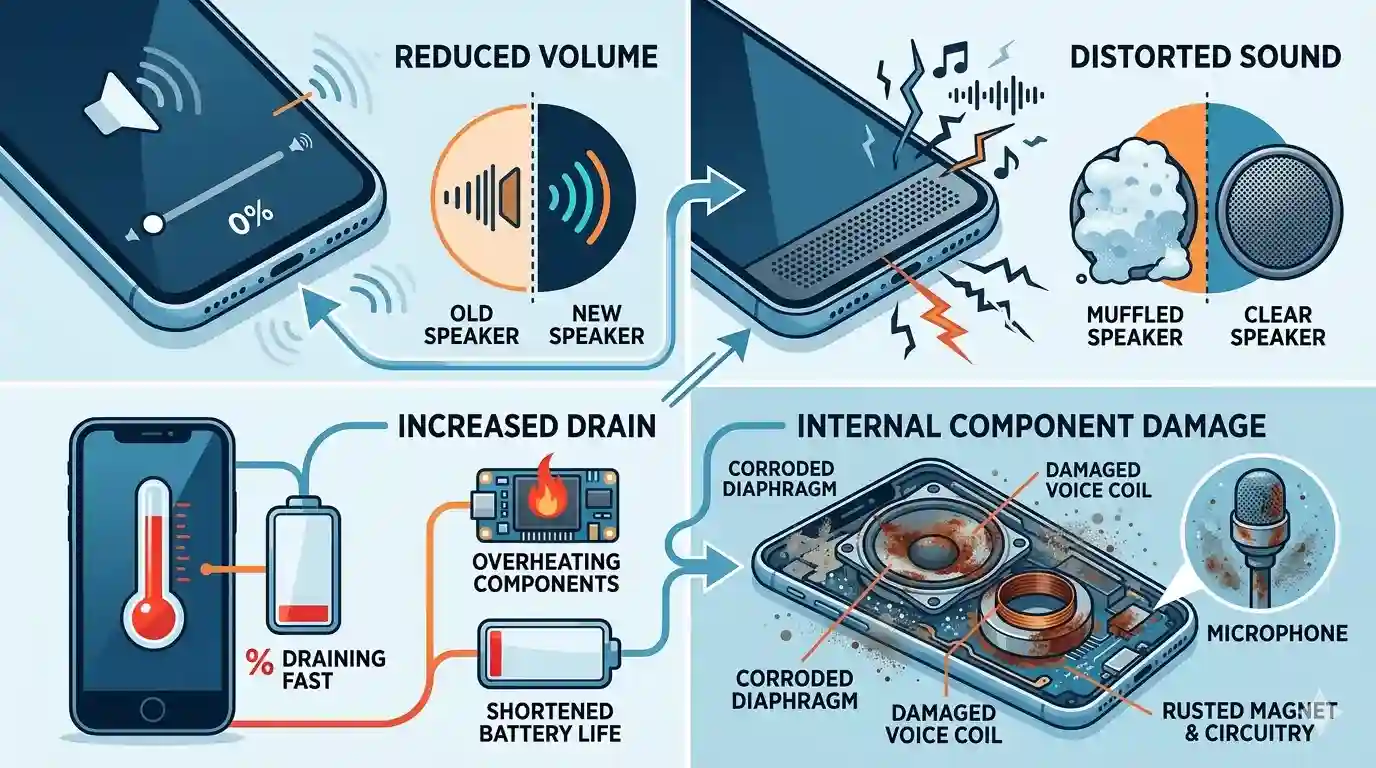 Four-panel infographic showing the effects of water and dust damage on a phone: reduced speaker volume, muffled or distorted sound, battery overheating, and corrosion of internal components like the microphone and voice coil.