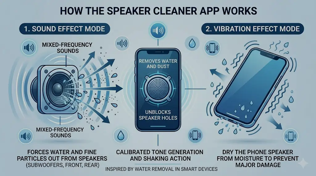Infographic showing speaker cleaner app functions: Sound Effect Mode and Vibration Mode for removing water and dust from phone speakers using frequency waveforms.