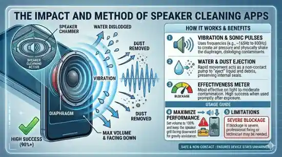 Infographic titled 'The Impact and Method of Speaker Cleaning Apps' showing a 3D smartphone diagram. It illustrates how sonic pulses and vibrations eject water and dust from the speaker opening. Includes an effectiveness meter for light to moderate blockage and a recommendation to seek a professional for severe damage