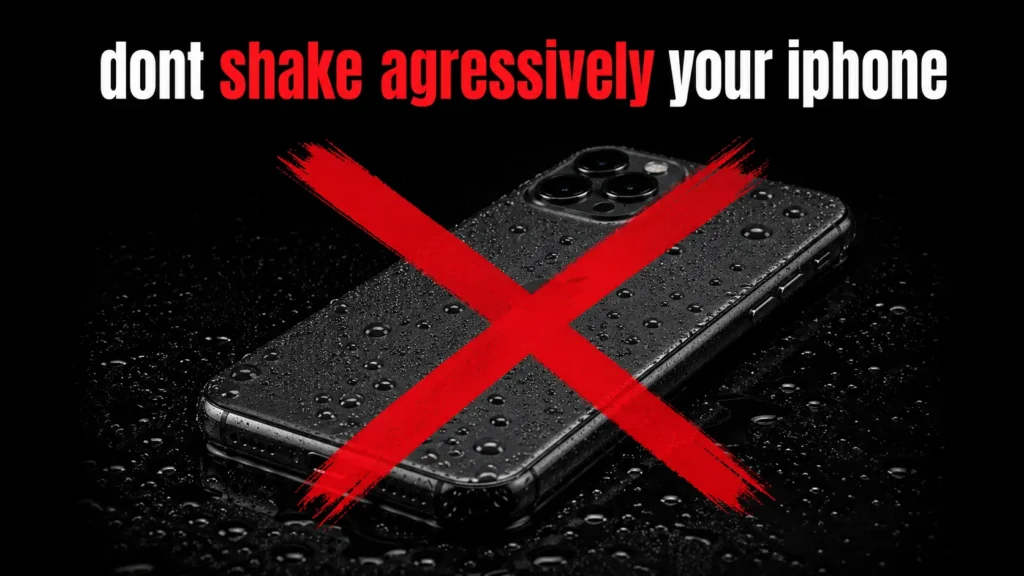 Wet iPhone on a dark background with water droplets, marked with a large red X and warning text saying “don’t shake aggressively your iPhone.”