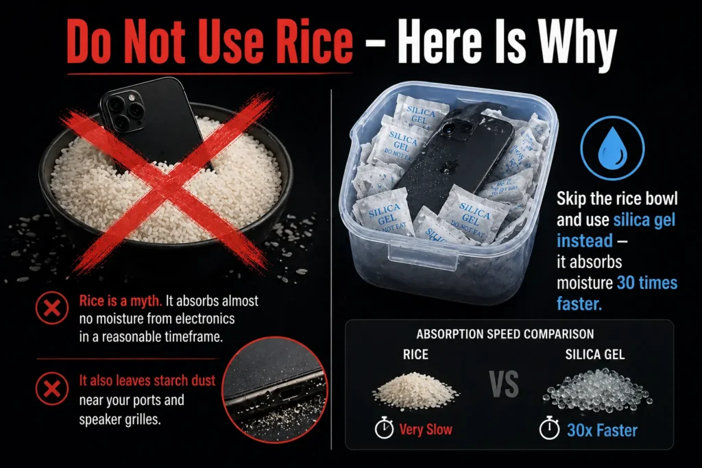 nfographic showing a wet phone placed in rice with a red X, explaining rice is ineffective and leaves dust, compared to silica gel which absorbs moisture 30 times faster.