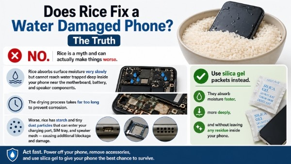 Infographic explaining that rice does not fix a water-damaged phone, showing it absorbs moisture slowly and can cause dust blockage, while recommending silica gel packets as a faster and safer drying solution.