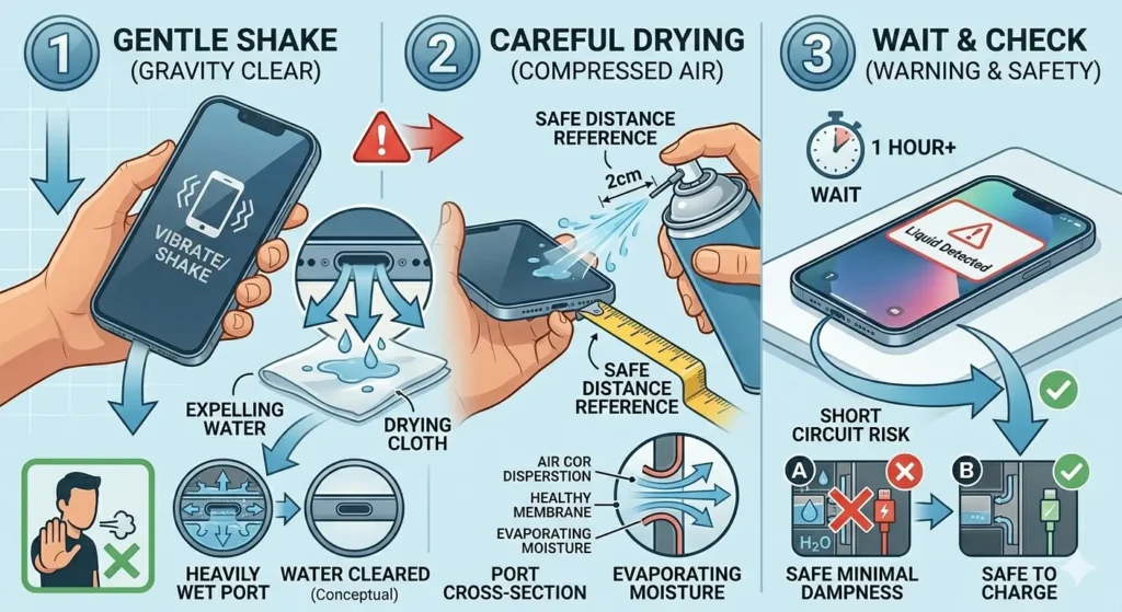 A three-part technical illustration guiding the safe removal of liquid from an iPhone lightning port. Step 1, "Gentle Shake (Gravity Clear)," shows a hand gently shaking an iPhone downwards with the port facing a "drying cloth," expelling large water droplets. A magnified schematic below compares a "heavily wet port" with a "water cleared" (conceptual) state. Step 2, "Careful Drying (Compressed Air)," shows a hand using a can of compressed air with a nozzle 2cm away from the port, as per a "safe distance reference" tape measure. A port cross-section schematic illustrates the compressed air dispersing, allowing internal "evaporating moisture" to exit past a "healthy membrane." Step 3, "Wait & Check (Warning & Safety)," shows the phone with a "Liquid Detected" warning on the screen and a 1-hour "wait" timer. Two comparative icons below show: A. Water deep in the phone with a red 'X' and "Short Circuit Risk" leading to "Safe Minimal Dampness." B. A dry phone with a green checkmark leading to "Safe to Charge." All steps show detailed human hands, phone schematics, and use a consistent light-blue background and color-coded arrows and icons