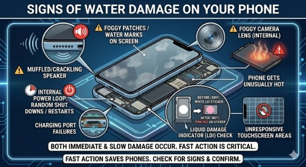 A detailed educational infographic titled "SIGNS OF WATER DAMAGE ON YOUR PHONE" presented as an exploded-view diagram against a dark blue grid background with glowing circuit patterns. The infographic uses numbered points with clear icons to illustrate various symptoms of water damage: MUFFLED/CRACKLING SPEAKER: An icon of a speaker with distorted sound waves and a red 'ERROR' label. FOGGY PATCHES / WATER MARKS ON SCREEN: A visual of a phone screen displaying internal foggy areas and water splotches. INTERNAL POWER LOOP: RANDOM SHUT DOWNS / RESTARTS: Icons for power and looping arrows next to a text label. CHARGING PORT FAILURES: A visual of a corroded charging port with a red 'X'. FOGGY CAMERA LENS (INTERNAL): A magnified close-up of a front-facing camera lens with condensation inside. PHONE GETS UNUSUALLY HOT: An icon of a thermometer with high heat next to a battery icon with a 'WARNING' label. UNRESPONSIVE TOUCHSCREEN AREAS: A hand attempting a swipe on a phone screen, with certain grid sections marked in red and showing a 'NO TOUCH' symbol. A large, prominent circular magnified inset is dedicated to the LIQUID DAMAGE INDICATOR (LDI) CHECK, illustrating the SIM tray area. It features two examples: "BEFORE (DRY): WHITE LDI STICKER" showing a clean white sticker, and "AFTER (WET): PINK/RED LDI STICKER" showing the same sticker turned pink. Arrows indicate this location on the main phone diagram. A summary banner at the bottom states: "BOTH IMMEDIATE & SLOW DAMAGE OCCUR. FAST ACTION IS CRITICAL."