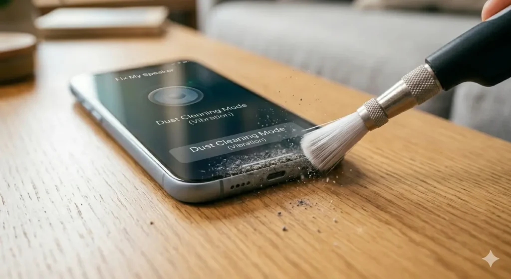 A detailed macro photograph showing the bottom of a modern smartphone resting on a wooden surface. The intricate mesh of the speaker grille is heavily clogged with fine, grey dust and debris. A soft-bristled brush is actively sweeping the particles away, showing immediate cleaning action. In the blurred background, the cozy living room environment established in image_0.png is visible. The phone screen is partially visible, showing the app referenced in image_2.png, but with a new 'vibration mode' highlighted, complementing the manual brush fix. The lighting is warm and clear, emphasizing the contrast between the dirty and clean areas of the grille.