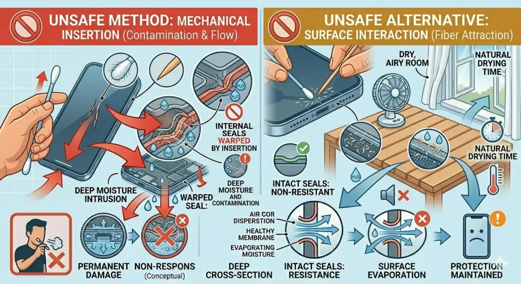A detailed, two-panel instructional illustratIion), comparing unsafe methods to properly remove water from a smartphone speaker grille. The overall style is clean vector art with soft gradients and precise technical schematics, set against a light background with subtle hexagonal grid lines. Both panels prominently feature large, red prohibition icons