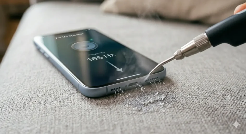 A close-up photograph focuses on a smartphone lying face-up on a light gray textured sofa. A small, precise, electric tool with a metal nozzle tip is held near the bottom edge of the phone, vibrating intensely as it emits high-frequency sound waves. Tiny, numerous water droplets are being actively ejected and forced out from the speaker grille and lightning port by the sound, spraying onto the fabric surface of the couch. The phone's screen is illuminated, displaying a specialized app interface with large text that clearly shows "165 Hz" and an icon indicating active sound emission for speaker cleaning. A hand (partially visible) holds the tool, and a fine mist of moisture is visible around the speaker area.