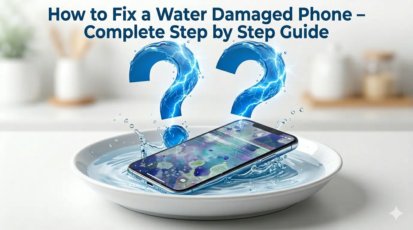 A smartphone with a water-damaged screen rests in a bowl of water, with large blue water-effect question marks featuring lightning bolt patterns floating above it, symbolizing uncertainty and potential damage.