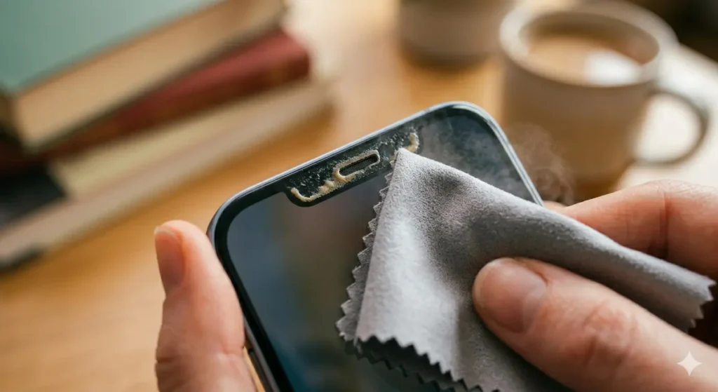A detailed close-up photograph showing the earpiece speaker of a modern smartphone held in a hand. The tiny rectangular grille is visibly clogged with a thin, irregular layer of fine, waxy, light-brown buildup and skin oil (earwax). A grey microfiber cloth is gently pressing against the uncleaned section. In the soft-focus background, the cozy living room environment from image_0.png is visible, maintaining the scene’s warm atmosphere. The focus is exclusively on the contrast between the dirty residue and the clean cloth fibers, with fine mist suggesting active cleaning vibration.