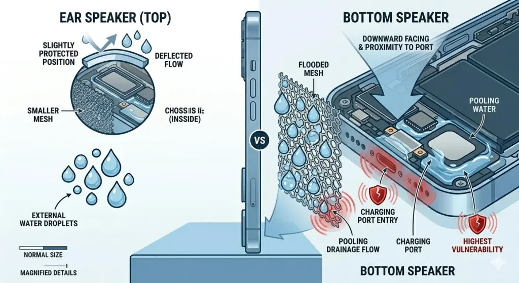A comparative infographic detailing water vulnerability between an iPhone's two speakers. On the left, the smaller "EAR SPEAKER (TOP)" cross-section shows a "SLIGHTLY PROTECTED POSITION" with minimal internal water. On the right, the large, open cross-section of the "BOTTOM SPEAKER" and logic board reveals heavy internal water pooling, a "FLOODED MESH," and water flooding the "CHARGING PORT." Large red icons and text with arrows definitively label the entire bottom area as having "HIGHEST VULNERABILITY." Minimal text labels make the visual comparison clear and informative.