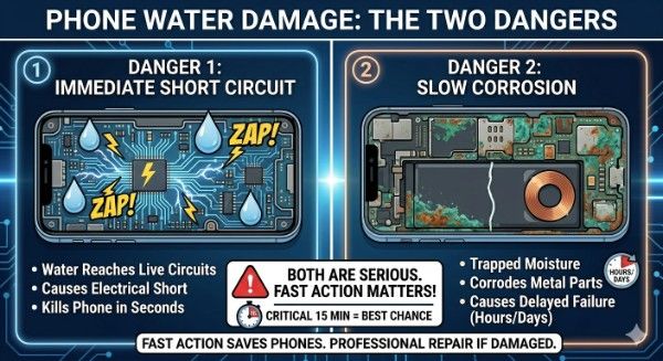 An educational infographic titled "PHONE WATER DAMAGE: THE TWO DANGERS". The image is divided into two main panels, with brief, illustrative text. The left panel, labeled "1", is titled "DANGER 1: IMMEDIATE SHORT CIRCUIT". It features a cross-section diagram of a phone's internal circuits with water droplets touching them, causing prominent yellow "ZAP!" and electrical arc graphics. Below the diagram, a short list describes: "Water Reaches Live Circuits", "Causes Electrical Short", and "Kills Phone in Seconds". The right panel, labeled "2", is titled "DANGER 2: SLOW CORROSION". It shows a detailed cross-section of internal metal components, such as a speaker coil and battery contacts, covered in extensive textured green and brown oxidation and degradation. A small clock icon reinforces the delayed nature. Below the diagram, a short list describes: "Trapped Moisture", "Corrodes Metal Parts", and "Causes Delayed Failure (Hours/Days)". A central banner at the bottom summarizes the core message: "BOTH ARE SERIOUS. FAST ACTION MATTERS!". It has a large "CRITICAL 15 MIN = BEST CHANCE" text and icon. The entire infographic is set against a dark blue background with glowing light lines, giving it a technical feel. All fonts are clean and clear, and there are no massive paragraphs of text. A final banner across the absolute bottom edge reiterates: "FAST ACTION SAVES PHONES. PROFESSIONAL REPAIR IF DAMAGED."