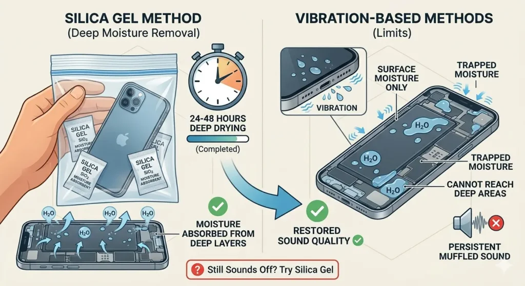 A detailed two-part informational graphic illustrating the deep-drying benefits of silica gel. The left side shows a hand holding a transparent, sealed plastic bag containing a smartphone and several white silica gel packets labeled 'Silica Gel Moisture Absorbent.' Above it, a stopwatch icon indicates a 24 to 48-hour duration. An internal cross-section below the bag shows blue arrows representing moisture being pulled upward out of the phone's internal hardware. The right side of the image illustrates the limitations of vibration-based methods, featuring a schematic of a phone with trapped water droplets labeled 'H2O' in deep areas where sound waves cannot reach, resulting in persistent muffled sound.