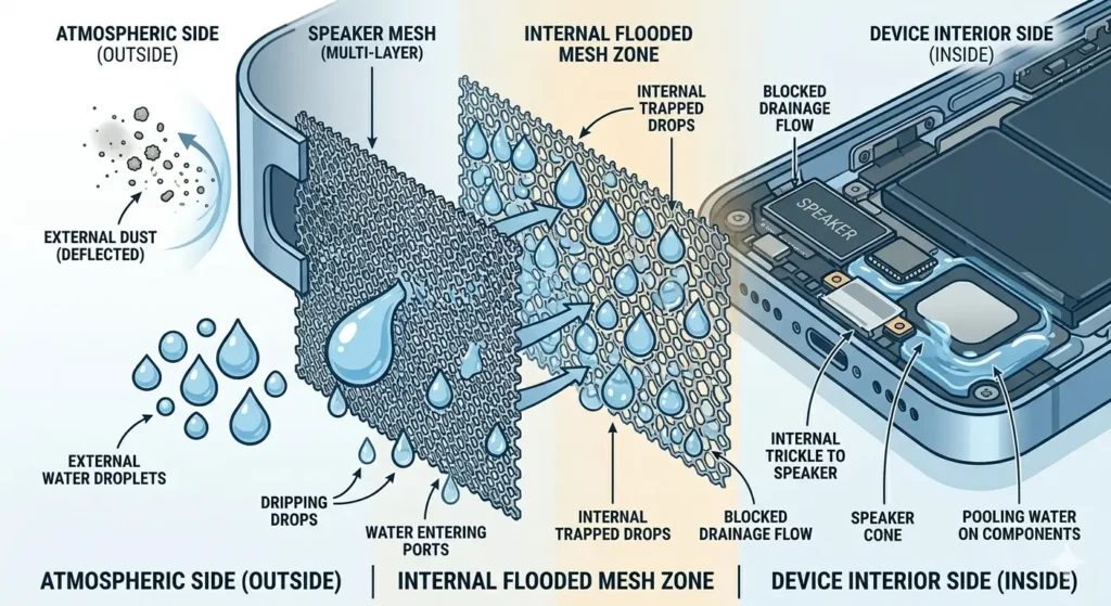 A technical infographic illustrating how water enters an iPhone speaker. The image is divided into three sections: 'ATMOSPHERIC SIDE (OUTSIDE)' showing dust being deflected while water droplets enter; 'INTERNAL FLOODED MESH ZONE' detailing trapped water within the multi-layer mesh; and 'DEVICE INTERIOR SIDE (INSIDE)' featuring a clear cross-section of the phone's internal components with water pooling around the speaker cone and logic board. Text annotations define each zone and the flow of water.