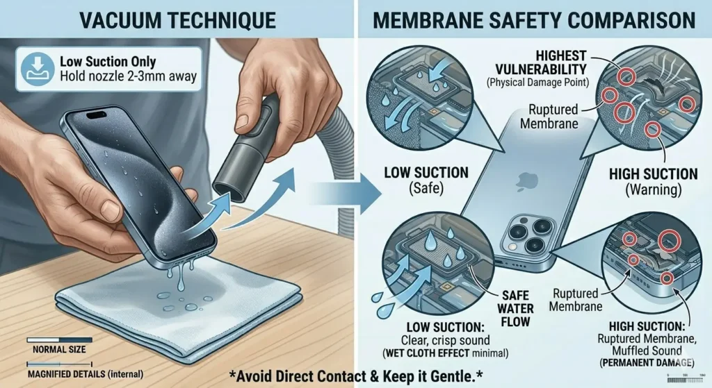 A two-panel visual guide showing the correct and incorrect ways to use a vacuum for phone speaker cleaning. The left panel shows a person holding a vacuum nozzle a few millimeters away from an iPhone's bottom speaker while water droplets are pulled out onto a cloth. The right panel features several circular magnified diagrams of the phone's internal components. These diagrams use icons and arrows to illustrate safe moisture removal versus the physical damage and ruptured membranes caused by high suction. A large 'no' symbol and a low-suction icon are displayed at the bottom to emphasize safety precautions