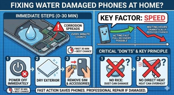 A detailed infographic titled "FIXING WATER DAMAGED PHONES AT HOME?" It is divided into several sections.The top left panel, "IMMEDIATE STEPS (0-30 MIN)", features a cross-section of a phone showing a large water droplet inside, with a red exclamation point icon labeled "CORROSION SPREADS". A text box next to it states "EVERY MINUTE COUNTS". Below this illustration are three numbered, sequential icons:POWER OFF IMMEDIATELY: An icon of a power button with a red 'X'.DRY EXTERIOR: An icon showing a clean, lint-free cloth.REMOVE SIM & ACCESSORIES: An icon of hands removing a SIM tray and a phone case.
A small clock icon beneath these steps repeats the text: "FIRST 30 MIN = BEST CHANCE".The top right panel, "KEY FACTOR: SPEED", shows a timeline. A friendly, healthy phone icon is on the left, with a green arrow labeled "ACTING FAST: FULL RECOVERY POSSIBLE". As time passes, the arrow turns into a red, declining arrow pointing to a question mark, with the text "WAITING HOURS: DRAMATICALLY REDUCED CHANCE".The bottom right panel, "CRITICAL 'DON'TS' & KEY PRINCIPLE", features two large icons with red 'X' marks:NO RICE: DUST CAN DAMAGE: An icon of a question mark over a bowl of rice.NO DIRECT HEAT: An icon of a question mark over a hairdryer.A banner at the very bottom center concludes with the summary: "FAST ACTION SAVES PHONES. PROFESSIONAL REPAIR IF DAMAGED." The overall background is a clean blue grid pattern. Text within each icon is minimal and serves as an illustrative label. The style is modern and clean.