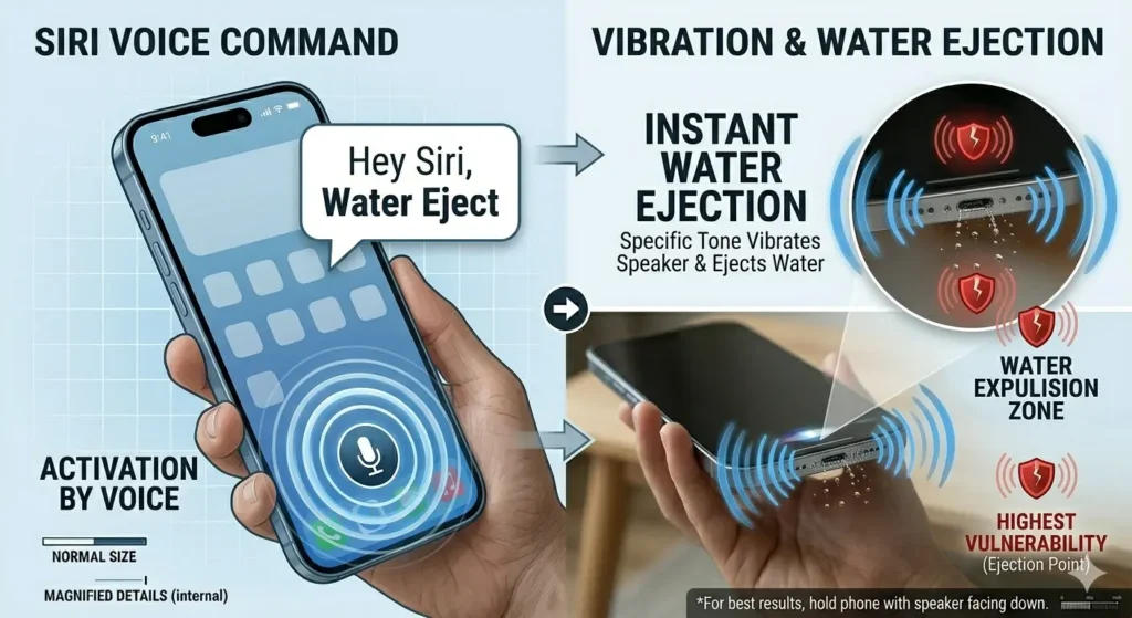 A dual-panel infographic demonstrating hands-free water removal from an iPhone. On the left, titled 'SIRI VOICE COMMAND,' a hand holds an iPhone with a voice activation ripple on the screen and a speech bubble saying 'Hey Siri, Water Eject.' An arrow points to the right panel, 'VIBRATION & WATER EJECTION,' showing the iPhone being held with the speaker grille facing downward. Blue vibration waves and red vulnerability icons highlight the 'WATER EXPULSION ZONE' as tiny droplets are physically expelled from the bottom speaker. A magnified circular view provides a close-up of the water leaving the grille. A footer at the bottom includes the tip: 'For best results, hold phone with speaker facing down.