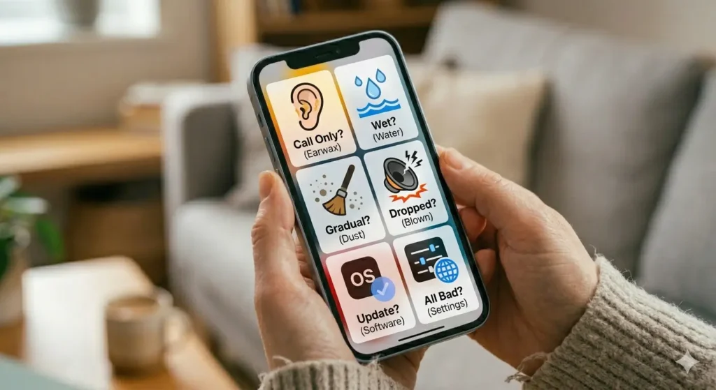 A detailed close-up shot of the smartphone from previous images, still held in the same hand with the characteristic sweater cuff seen in image. The phone screen, replacing previous music players and menus, displays a structured grid of six large, clearly visible graphical icons. Each icon represents a diagnostic category: 'Call Only? (Earwax),' 'Wet? (Water Damage),' 'Gradual? (Dust Build-up),' 'Dropped? (Blown Diaphragm),' 'Update? (Software Glitch),' and 'All Bad? (Equalizer Issues),' with bold, simple illustrations and text labels in English. The background remains the same blurred cozy living room from image, maintaining natural indoor lighting. The composition is focused strictly on the hand and the phone screen.