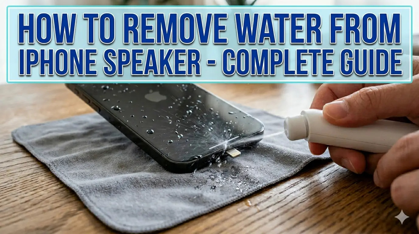 A wet iPhone rests on a gray microfiber cloth on a wooden table. Large, bold blue text at the top reads "HOW TO REMOVE WATER FROM IPHONE SPEAKER - COMPLETE GUIDE." A hand is shown using a small electronic air duster to blow moisture away from the speaker and charging port area.