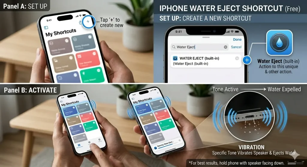 A two-panel infographic showing how to use the built-in iPhone Water Eject shortcut. 'Panel A: SET UP' shows the My Shortcuts app with text pointing to the '+' button to 'create new,' and another iPhone screen with 'Water Eject (built-in)' found in the action list, showing its unique water drop icon. 'Panel B: ACTIVATE' shows an iPhone being held and a finger about to tap the saved Water Eject shortcut, with concentric blue wave icons radiating from the phone. A circular magnification detail zooms in on the phone's physical speaker grille with tiny water drops visibly vibrating and flying out. Large text annotations explain 'Tone Active -> Water Expelled' and 'Specific Tone Vibrates Speaker & Ejects Water.' A final bottom banner advises 'For best results, hold phone with speaker facing down.' and features a scale bar for size reference. The overall style is a clean, modern infographic