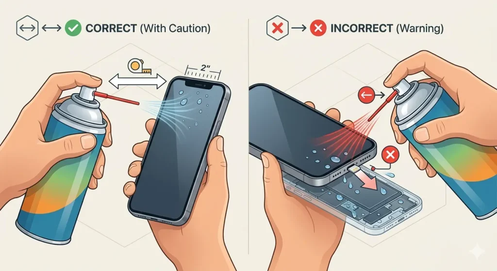 A detailed comparison infographic split vertically, illustrating safe and unsafe methods for using compressed air on an iPhone. The left panel shows a hand holding a compressed air can a safe distance (visualized, no text) from an iPhone with clear, multi-directional blue airflow arrows indicating water expelling externally onto a microfiber cloth. The right panel displays detailed internal schematics of the phone, showing a hand pointing the compressed air directly into the charging port with large red aggressive flow arrows, indicating water being forced deeper into internal components like the circuitry and battery. Magnified insets show internal details: a clear filter (safe flow), a damp filter (internal flow), and a ruptured membrane (physical damage) with associated red warning icons.