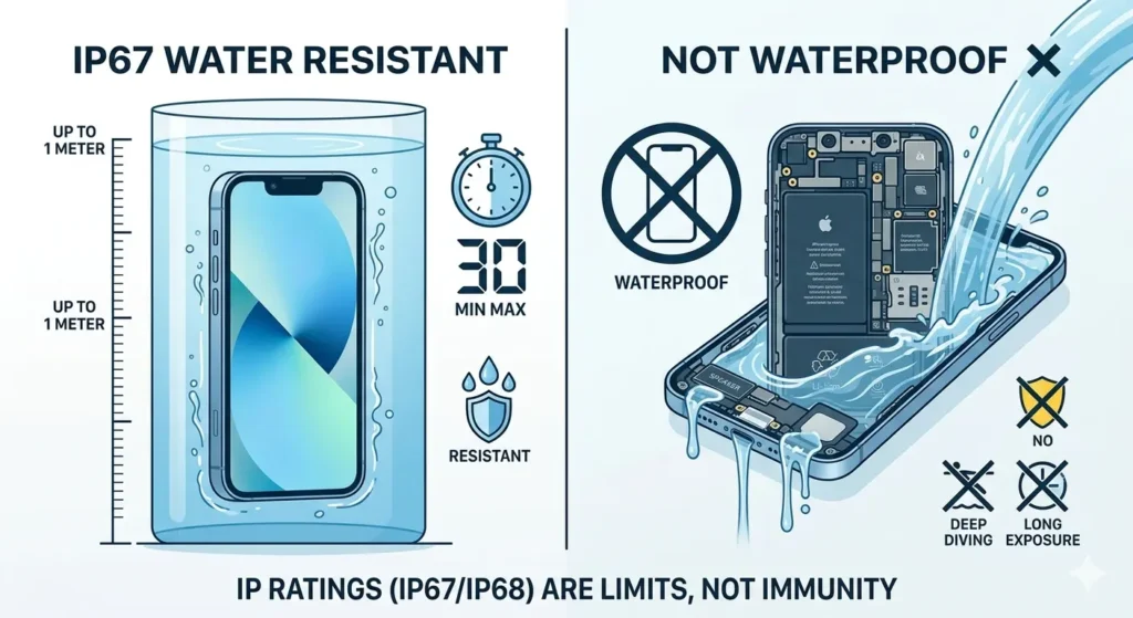 A split-screen infographic comparing water resistance versus waterproofing for iPhones. The left side, titled 'IP67 WATER RESISTANT', shows an iPhone in a 1-meter cylinder of water, with an icon indicating a maximum of 30 minutes. The right side, titled 'NOT WATERPROOF', displays an open iPhone cross-section flooded with water, with 'X' icons indicating that deep diving and long exposure are not allowed. The entire illustration is a dynamic infographic with minimal text to explain the difference. Both panels share a clean, digital style with blue, white, and a single accent color for warnings.