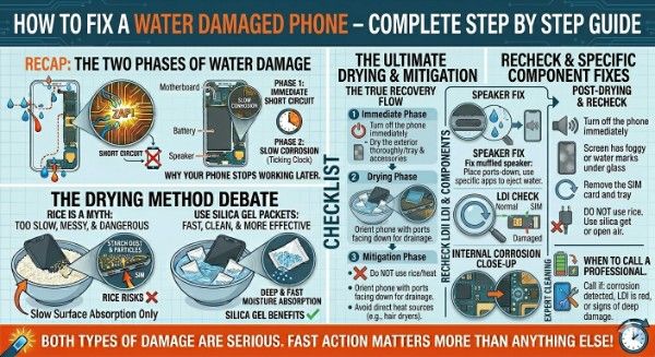A comprehensive master infographic summarizing the diagnostic and recovery process for a water-damaged smartphone. The image is divided into four main quadrants with a prominent header and footer.Top-Left (Recap): Explains the two phases of water damage—Phase 1: Immediate Short Circuit (with a "ZAP!" graphic) and Phase 2: Slow Corrosion (with a clock icon and a diagram of the motherboard and battery).Bottom-Left (Drying Debate): Compares a bowl of rice (labeled "A Myth: Too Slow & Dangerous") with a bowl of silica gel packets (labeled "Fast, Clean, & More Effective").Middle Section (The True Recovery Flow): A vertical checklist outlining three phases:Immediate Phase: Turning off the phone and drying the exterior.Drying Phase: Using silica gel with ports facing down.Mitigation Phase: Avoiding rice and direct heat.Right Section (Specific Fixes): Detailed icons for a "Speaker Fix" (using specific sounds to eject water), an LDI (Liquid Damage Indicator) check showing white vs. pink stickers, and an internal corrosion close-up.Bottom-Right: A "When to Call a Professional" box featuring a wrench icon.The footer is a bright orange banner that reads: "BOTH TYPES OF DAMAGE ARE SERIOUS. FAST ACTION MATTERS MORE THAN ANYTHING ELSE!"