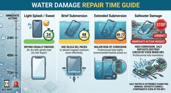 An informational infographic titled "WATER DAMAGE REPAIR TIME GUIDE" detailing recovery steps and durations for various water exposure levels on smartphones. The left side features a vertical timeline ranging from "IMMEDIATE ACTION" and "ACT FAST" (with icons of an hourglass and emergency light) up to "72H".The guide is split into four illustrated categories from left to right:Light Splash / Sweat: A phone with a single droplet. A green clock shows "24 HOURS". Text: "DRYING USUALLY ENOUGH. Air dry with gentle heat (no hair dryer!)". An illustration shows simple air drying.Brief Submersion: A phone submerged with bubbles. A yellow clock shows "48 HOURS". Text: "USE SILICA GEL PACKS to absorb trapped moisture more effectively." An illustration shows a phone next to silica packets and a USB cable.Extended Submersion: A phone deeper underwater. An orange clock shows "48-72 HOURS". Text: "MAJOR RISK OF CORROSION. Professional help highly recommended before power-on." An illustration shows deep water infiltration into a transparent phone case and an open port.Saltwater Damage: A phone in rocky, salt-encrusted tidal water with a red "STOP URGENT!" sign. A large "URGENT!" timer points to "IMMEDIATE ACTION NEEDED!". Text: "HIGH CORROSION. SALT DEPOSITS DESTROY CIRCUITRY EVEN WHEN DRY. Professional help mandatory." An exploded view shows heavy salt crystal growth corroding internal components and circuit boards.