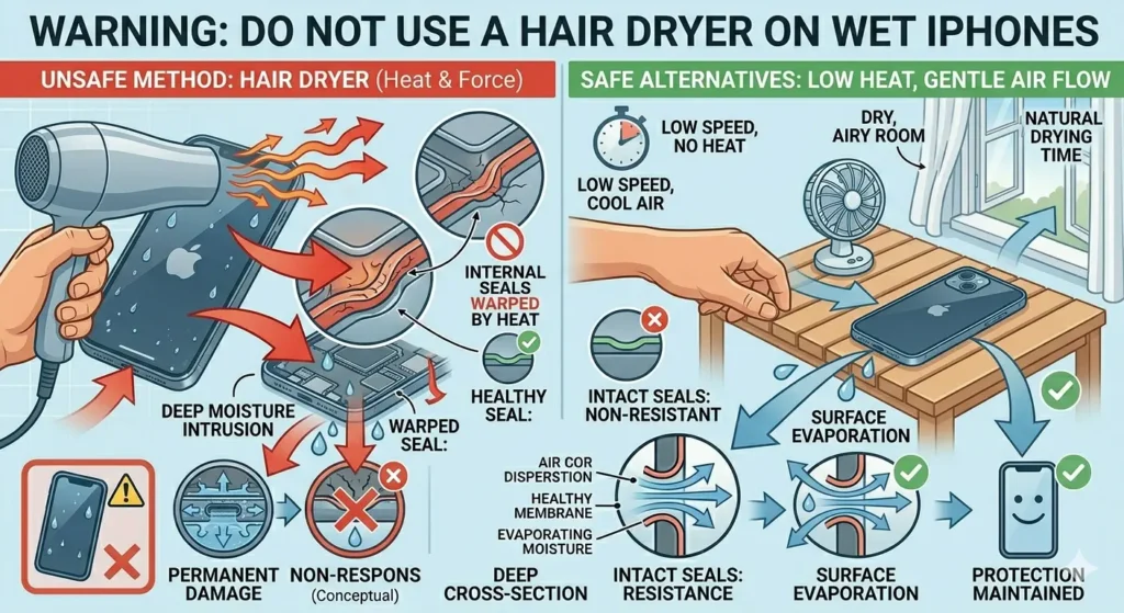 An instructional comparison infographic on a light blue background. On the left, labeled 'UNSAFE METHOD: HAIR DRYER (Heat & Force)', a hand points a hair dryer at a wet iPhone, generating powerful red and orange airflow arrows. Magnified insets and internal cross-sections show 'INTERNAL SEALS WARPED BY HEAT' and 'DEEP MOISTURE INTRUSION', contrasting a buckling seal with a healthy one and illustrating water droplets pushed deep past broken defenses. Below this, an icon of a wet, non-responsive phone with a red 'X' and prohibition icon is labeled 'PERMANENT DAMAGE'. On the right, labeled 'SAFE ALTERNATIVES: LOW HEAT, GENTLE AIR FLOW', a hand gently places a wet iPhone onto a slatted wooden table beside an open window, with soft, cool-blue airflow arrows and small, controlled 'SURFACE EVAPORATION' water droplets. A quiet low-speed desk fan is on the table, and an icon from a timer shows 'NATURAL DRYING TIME'. The same internal cross-section schematic shows 'INTACT SEALS: resistance retained' and 'SAFE MINIMAL DAMPNESS', with smooth seals and water moving outward. Below this, a dry, responsive phone icon with a green checkmark is labeled 'PROTECTION MAINTAINED'. All elements use consistent color-coding, explanatory icons (warped seal red 'X' vs. healthy seal green checkmark), and descriptive vector text
