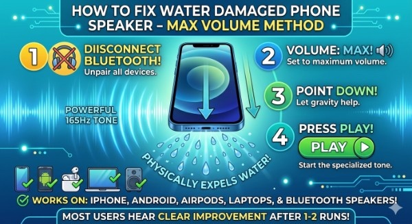 A vibrant instructional infographic titled "HOW TO FIX WATER DAMAGED PHONE SPEAKER - MAX VOLUME METHOD". A central smartphone is positioned vertically, pointing downward, ejecting a cascade of water droplets from the bottom speaker grille. The process is broken into four numbered steps: 1. "DISCONNECT BLUETOOTH!" (crossed-out headphones), 2. "VOLUME: MAX!" (speaker on full), 3. "POINT DOWN!" (gravity arrow), and 4. "PRESS PLAY!" (a large play button). Powerful, blue sound waves labeled "165Hz TONE" are shown physically expelling the water. A bottom row of icons shows that it "WORKS ON: IPHONE, ANDROID, AIRPODS, LAPTOPS & BLUETOOTH SPEAKERS!". The background is a glowing blue and teal digital grid.