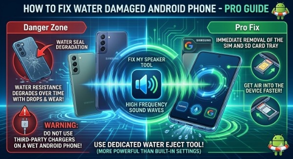 A detailed infographic titled "HOW TO FIX WATER DAMAGED ANDROID PHONE - PRO GUIDE" featuring a split-screen design. On the left "Danger Zone," a cracked Android phone is shown with a red arrow pointing to "Water Seal Degradation," highlighting how resistance fades with wear. A warning icon advises against using third-party chargers on wet devices. The right "Pro Fix" side shows a Google Pixel and Samsung phone with a close-up of a SIM/SD tray being removed to "get air into the device faster." The center features the "Fix My Speaker Tool" emitting high-frequency sound waves that eject water droplets from the bottom speaker grille, noted as being more powerful than built-in phone settings. The style is neon-blue and tech-focused with Android mascot icons in lifebuoys.