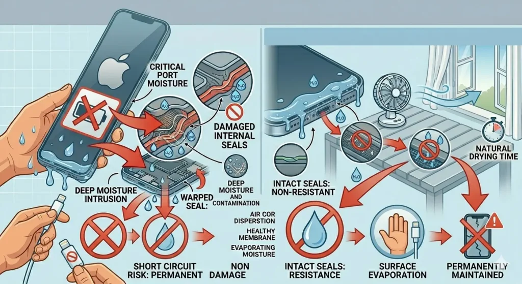 A detailed diagram contrasting water damage in a smartphone with proper drying. On the left, red arrows and text show critical port moisture, deep intrusion, and short-circuit risk with a crossed-out charging cable. Detailed cross-sections show warped, non-resistant seals and deep contamination. The right side outlines a natural drying method with a fan, open window, and clock. Green arrows and checkmarks indicate intact seals, surface evaporation, and maintained protection with healthy membranes and air dispersion.