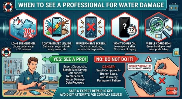 An instructional infographic titled "WHEN TO SEE A PROFESSIONAL FOR WATER DAMAGE" in a teal-blue banner against a dark background with abstract circuit and water drop elements. The top row features five hexagonal warning icons, numbered 1 to 5, with red frames and titles. 1. Long Submersion (stopwatch and phone underwater): 'Phone submerged > 30 mins'. 2. Contaminated Liquids (phone, splashes, soda can, beer mug, coffee): 'Saltwater, soapy water, sugary drinks, etc.'. 3. Unresponsive Screen (phone with a red 'X'): 'Screen not responding or has internal damage'. 4. Won't Turn On (phone with a '?' and a '72H' timer): 'No response after 72 hours of drying'. 5. Visible Corrosion (phone with magnified view of green rust near a port and SIM tray): 'Corrosion around ports or SIM tray'. The bottom section compares. On the left, 'YES: SEEK PROFESSIONAL REPAIR!' in a green banner above a qualified technician in a tidy workshop, listing benefits: 'EXPERT DIAGNOSIS, SAFE COMPONENT DRYING, CLEAN ROOM DATA RECOVERY, WARRANTY PROTECTION'. On the right, 'NO: DO NOT ATTEMPT DIY OPENING!' in a red banner above a person using basic household tools to pry a phone, with a large '!' warning and 'X' symbol, listing risks: 'VOIDS WARRANTY, DAMAGED INTERNAL COMPONENTS, PERMANENT FAILURE, ADDED REPAIR COSTS'. At the very bottom center, a blue banner reads 'TRUST EXPERTS FOR COMPLEX WATER DAMAGE ISSUES'. The entire image uses clean, modern vector illustration. Small decorative icons like a rescue buoy and a toolkit are integrated.