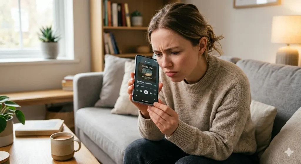 A woman with a confused and concerned expression is sitting on a gray couch, holding a smartphone. She is leaning in close to the phone, looking directly at the bottom speaker grill with a puzzled look, as if trying to understand why it sounds muffled. A music app is open on the screen, showing it is currently playing. She is wearing a beige knit sweater, and the background is a bright, cozy living room.
