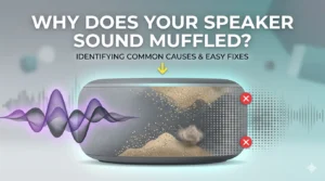 A visual illustration explaining why a smart speaker might sound muffled. It shows an Echo Dot-style speaker with dust, dirt, and lint inside the grille. Vibrant, full sound waves enter from the left but become blocked and faded by the internal debris, indicated by red 'X's on the right. The top features large text asking, "WHY DOES YOUR SPEAKER SOUND MUFFLED?", with a subtitle below: "IDENTIFYING COMMON CAUSES & EASY FIXES". A yellow arrow points from the text directly to the dirty, blocked area of the speaker. The style is a sleek, modern digital illustration on a teal and grey geometric background.