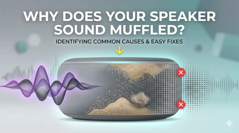 A visual illustration explaining why a smart speaker might sound muffled. It shows an Echo Dot-style speaker with dust, dirt, and lint inside the grille. Vibrant, full sound waves enter from the left but become blocked and faded by the internal debris, indicated by red 'X's on the right. The top features large text asking, "WHY DOES YOUR SPEAKER SOUND MUFFLED?", with a subtitle below: "IDENTIFYING COMMON CAUSES & EASY FIXES". A yellow arrow points from the text directly to the dirty, blocked area of the speaker. The style is a sleek, modern digital illustration on a teal and grey geometric background.