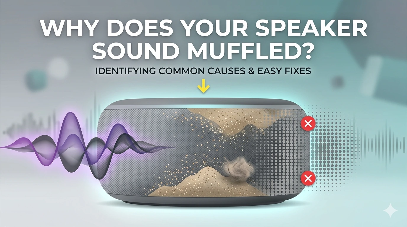A visual illustration explaining why a smart speaker might sound muffled. It shows an Echo Dot-style speaker with dust, dirt, and lint inside the grille. Vibrant, full sound waves enter from the left but become blocked and faded by the internal debris, indicated by red 'X's on the right. The top features large text asking, "WHY DOES YOUR SPEAKER SOUND MUFFLED?", with a subtitle below: "IDENTIFYING COMMON CAUSES & EASY FIXES". A yellow arrow points from the text directly to the dirty, blocked area of the speaker. The style is a sleek, modern digital illustration on a teal and grey geometric background.
