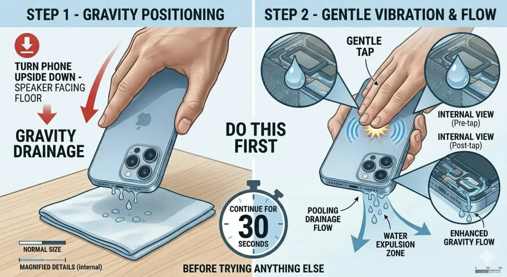 A two-panel instructional infographic showing the gravity drainage method for a wet iPhone. 'STEP 1 - GRAVITY POSITIONING' shows a hand holding an iPhone upside down over a cloth, with arrows indicating water dripping from the speaker grille. 'STEP 2 - GENTLE VIBRATION & FLOW' shows the same hand giving the back of the phone a 'gentle tap,' with magnified internal views showing water moving from 'Pre-tap' pooling to 'Post-tap' expulsion. A 30-second timer icon in the center is labeled 'DO THIS FIRST' and 'CONTINUE FOR 30 SECONDS,' with a footer stating, 'BEFORE TRYING ANYTHING ELSE.