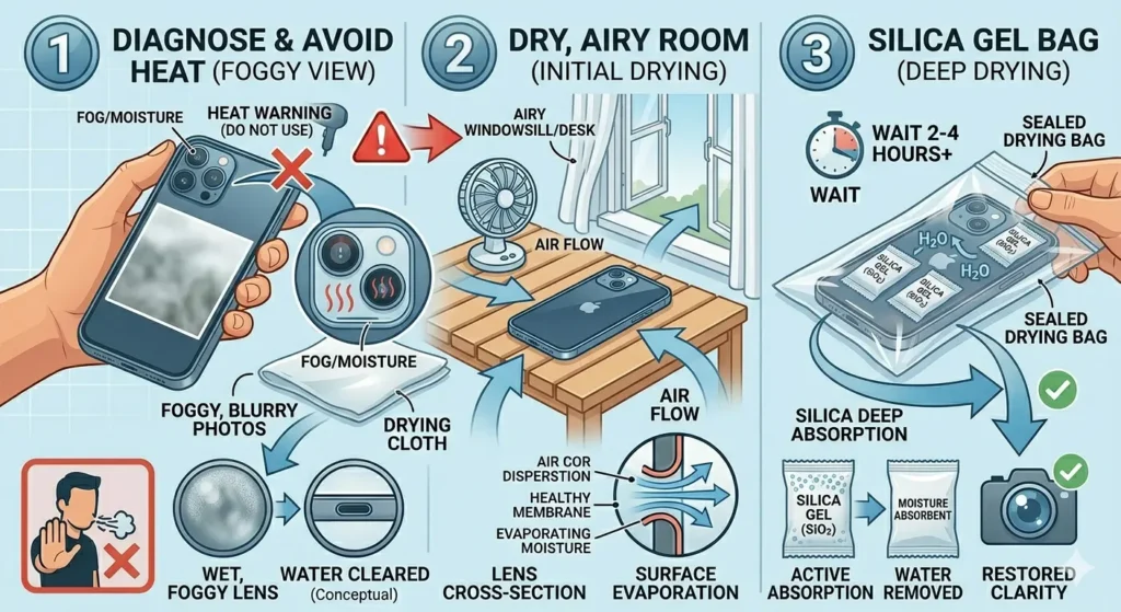 A technical three-panel illustration showing how to remove water from an iPhone camera. Step 1, "Diagnose & Avoid Heat (Foggy View)," shows a hand holding an iPhone with a foggy lens schematic and a red "Heat Warning (Do Not Use)" icon with a crossed-out hairdryer. A magnified comparison below contrasts a detailed "Wet, Foggy Lens" with a clean "Water Cleared" (conceptual) state. Step 2, "Dry, Airy Room (Initial Drying)," depicts the phone on a slatted wooden table by an open window, with a small fan creating "Air Flow" arrows that circulate around the device. Step 3, "Silica Gel Bag (Deep Drying)," shows the phone sealed inside a clear "Sealed Drying Bag" alongside several "Silica Gel (SiO2)" moisture absorbent packets, with "H2O" molecules drawn towards them. The panel features schematics for "Silica Deep Absorption" and contrasts "Active Absorption" with "Water Removed." A "Wait 2-4 Hours+" timer indicates the process duration. Large, color-coded arrows and icons guide the user through the sequential steps. A final icon in the bottom-right corner shows a camera lens with a green checkmark, indicating "Restored Clarity.