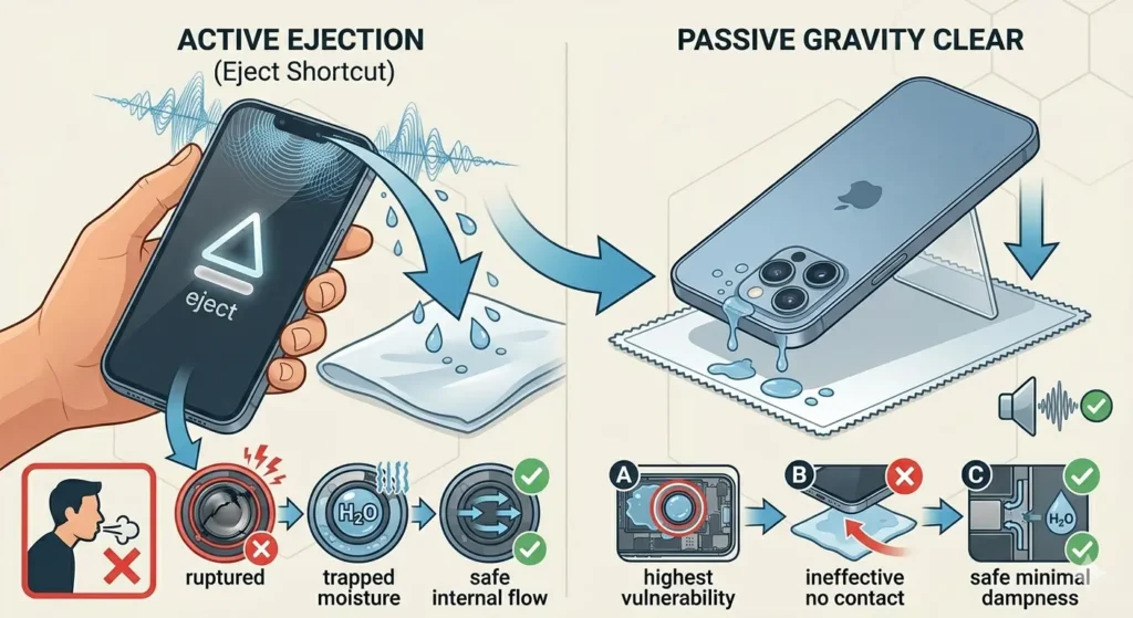 A split-panel technical illustration showing a two-step process for removing water from an iPhone ear speaker. The left panel, labeled 'Active Ejection,' shows a hand holding an iPhone vertically with an 'eject' icon on the screen and sound waves vibrating near the top ear speaker, causing water droplets to fly out. The right panel, labeled 'Passive Gravity Clear,' shows the iPhone flipped and leaning against a small stand on a cloth, allowing remaining water to drain naturally via gravity. Below the main panels, a series of icons compare 'ruptured' membranes and 'trapped moisture' with 'safe internal flow' and 'safe minimal dampness' to emphasize the effectiveness of these methods.