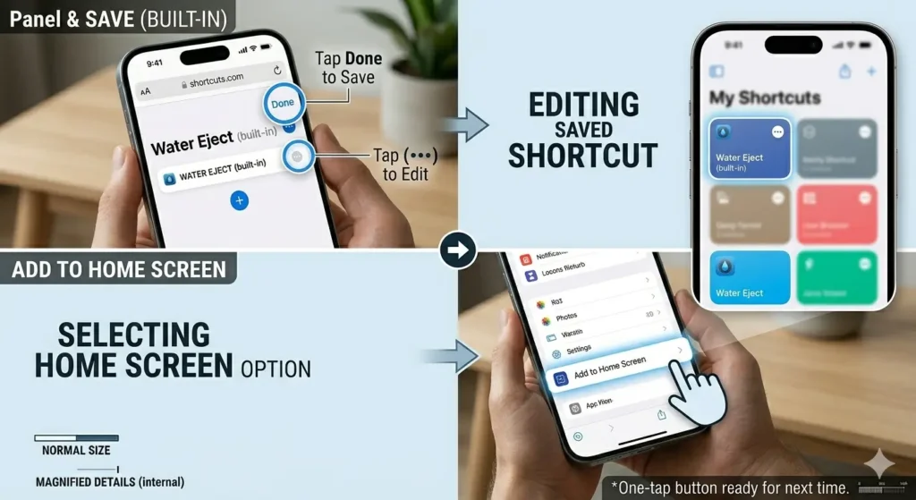A four-part instructional infographic showing how to add a Water Eject shortcut to an iPhone home screen. The top-left panel shows the 'Panel & SAVE' screen where a user taps 'Done' or the 'three dots' to edit. The top-right circular magnification shows the shortcut saved within the 'My Shortcuts' app. The bottom-left panel illustrates the user selecting the 'Add to Home Screen' option from a menu. The final bottom-right panel displays the iPhone home screen with the 'Water Eject' icon successfully added as a one-tap button, labeled 'Home Screen with Added Button'. The image includes helpful text annotations and a footer stating, 'One-tap button ready for next time.