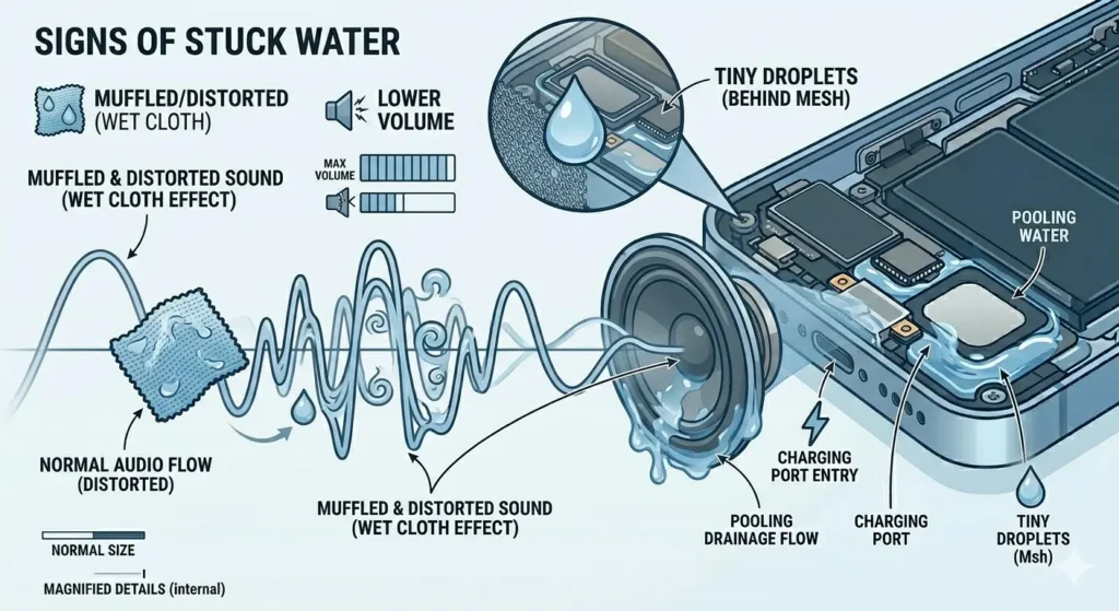A comprehensive technical infographic illustrating the visual signs and audio effects of water trapped in an iPhone speaker. The image features a detailed cross-section of an iPhone showing water pooling on internal components, and magnified views of water droplets behind the speaker mesh and entering the charging port. A visual sound wave diagram is distorted by wet cloth icons to represent 'muffled and distorted sound (wet cloth effect)', alongside icons for 'Lower Volume' and comparative scale bars, all with clear text labels and arrows.