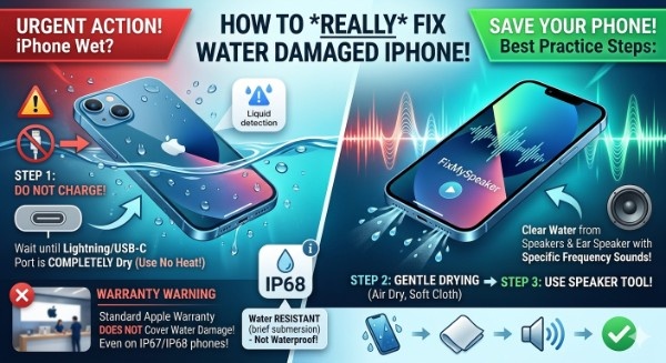 A comprehensive split-screen infographic titled "HOW TO REALLY FIX WATER DAMAGED IPHONE!". The left side (Urgent Action) shows a wet iPhone submerged in water with warning icons: a "No Charging" symbol pointing to the port, an "IP68" rating badge, and a "Liquid Detection" alert. A "Warranty Warning" section at the bottom notes that Apple's standard warranty does not cover liquid damage. The right side (Best Practice Steps) shows an iPhone using a speaker cleaning tool with sound waves ejecting water droplets from the speaker mesh. A bottom flowchart outlines the 3-step process: Air dry with a cloth, use a speaker sound tool, and reach a successful fix. The design uses high-contrast red, green, and blue tones for clarity.