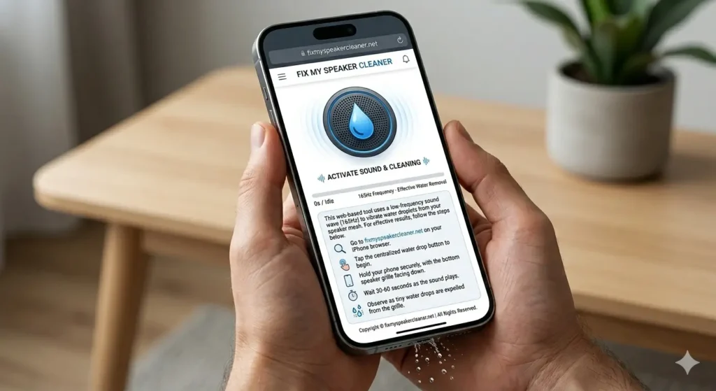 A close-up photograph of a person holding an iPhone displaying the 'FIX MY SPEAKER CLEANER' web interface. The screen shows a '165Hz Frequency' tool and a detailed 'Step-by-step Guide' with icons. Clear text instructions describe going to fixmyspeakercleaner.net, tapping the centralized water drop button, holding the phone with the bottom speaker facing down, waiting 30-60 seconds, and observing water drops. Small water droplets are actively being expelled from the physical speaker grille at the bottom of the iPhone into a hand. The phone is held against a blurred background with a light wood table and a potted plant.