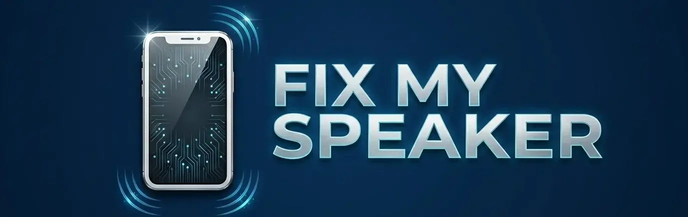 Fix My Speaker Cleaner logo – mobile phone icon with sound waves and bold white text on dark blue background