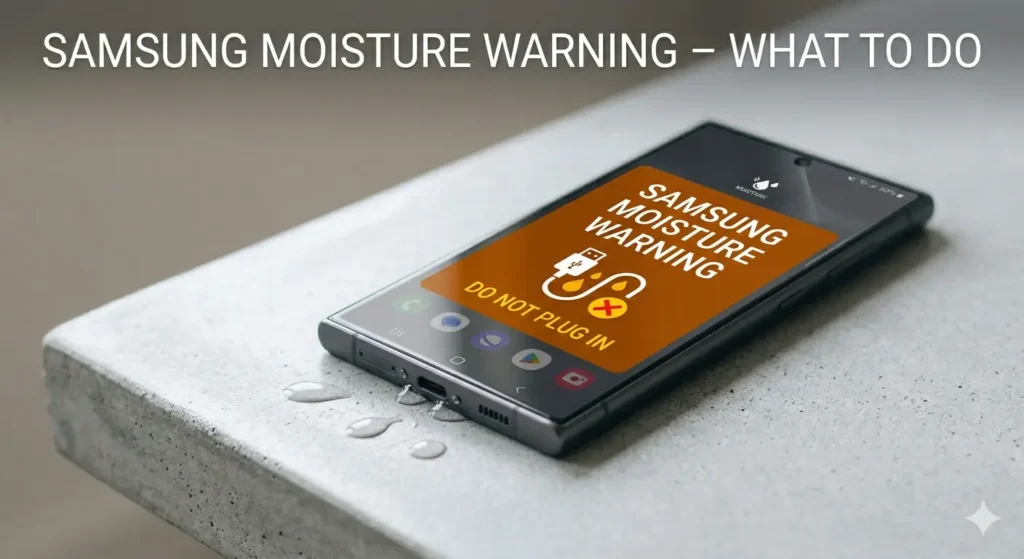 A photograph of a dark gray Android smartphone, specifically a Samsung Galaxy S24 Ultra, resting face-up on a light gray concrete countertop, with a small cluster of water droplets visible near its USB-C port. The phone’s illuminated screen displays a large warning message: “SAMSUNG MOISTURE WARNING” and “DO NOT PLUG IN” with a dripping cable icon and a red ‘X’. At the top of the image frame, heading text is overlaid in a clean white sans-serif font: “SAMSUNG MOISTURE WARNING – WHAT TO DO”. The background is softly blurred but maintains a minimalist, clean aesthetic. The composition highlights the warning interface and the close-up texture of the water and the phone port.
