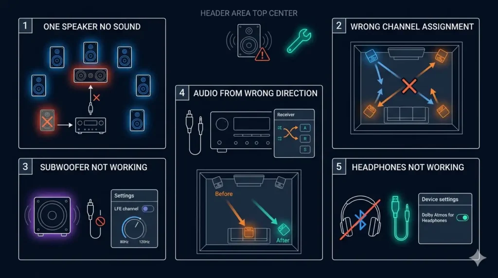 A technical troubleshooting infographic on a dark navy background, organized into five numbered problem-and-solution panels around a top-center header. The header features a speaker icon with an orange warning sign and a glowing teal wrench.Panel 1 (Top Left): "One Speaker No Sound" displays a 5.1 speaker layout with one speaker crossed out with a red X and an arrow pointing to a disconnected cable on an audio receiver.Panel 2 (Top Right): "Wrong Channel Assignment" shows a top-down room view with orange and blue crisscrossing arrows and a large red X, indicating misdirected audio signals.Panel 3 (Bottom Left): "Subwoofer Not Working" features a subwoofer icon glowing in purple next to a disconnected cable symbol and an audio settings panel with an LFE toggle and an 80Hz–120Hz dial.Panel 4 (Center): "Audio From Wrong Direction" displays an AV receiver interface next to a top-down room schematic showing a speaker being correctly repositioned from an orange "Before" spot to a teal "After" location.Panel 5 (Bottom Right): "Headphones Not Working" shows a headphone icon with a red strike-through over a blue Bluetooth symbol, paired with a green-glowing wired audio cable and a device settings toggle for Dolby Atmos.