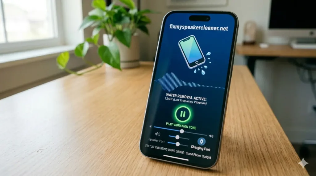 A close-up photograph of a smartphone standing upright on a wooden desk, displaying the user interface of fixmyspeakercleaner.net. The screen shows a dark blue interface with a "WATER REMOVAL ACTIVE" status, a frequency indicator of 165Hz, and a prominent green "Play Vibration Tone" button. A graphic of a phone ejecting water droplets is visible at the top of the screen. The background features the same consistent office setting with a blurred plant and natural lighting.