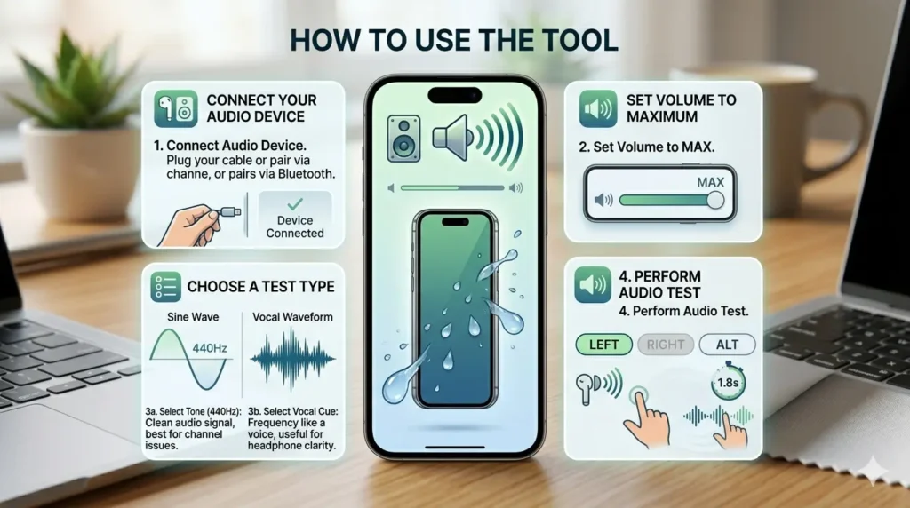 A detailed infographic titled "HOW TO USE THE SOUND TEST TOOL" set against a professional office background with a laptop and a potted plant. The central image shows a smartphone displaying water droplets being ejected from its screen. Surrounding the central phone are four numbered instruction panels: Connect Your Audio Device: Shows a hand plugging in a cable and an icon for Bluetooth pairing. Set Volume to Maximum: Illustrates a volume slider moved to the "MAX" position. Choose a Test Type: Displays a comparison between a 440Hz "Sine Wave" for clean audio signals and a "Vocal Waveform" for testing voice clarity. Perform Audio Test: Features interactive buttons for "LEFT," "RIGHT," and "ALT" (1.8s) to test individual speaker channels or alternate between them.